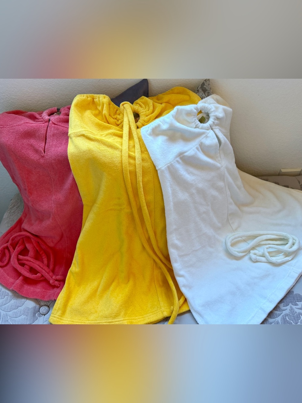 Echo 3 Swim Coverup Dress White, Yellow & Coral Pink TerryCloth Strapless or Tie